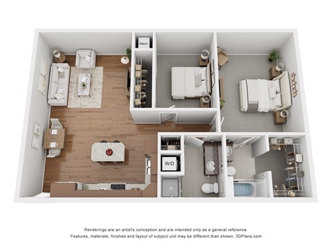 Floor plan for 2 beds, 2 baths, 958 sqft